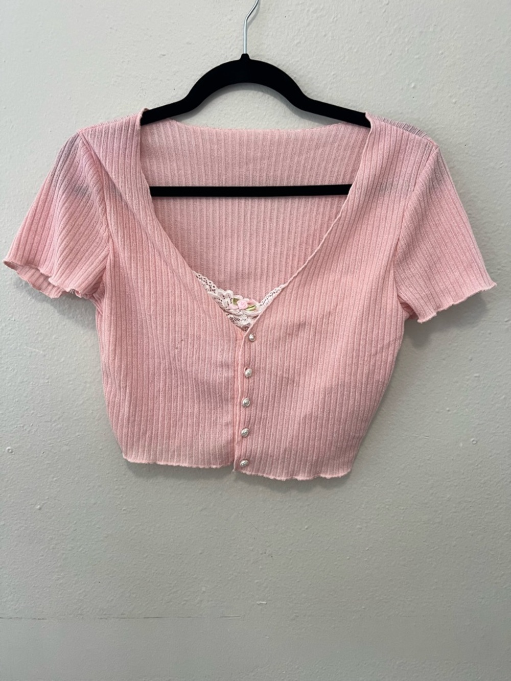Pink Ribbed Lace Trim Crop Top Button Front Coquette Style Size L - Picture 3 of 8